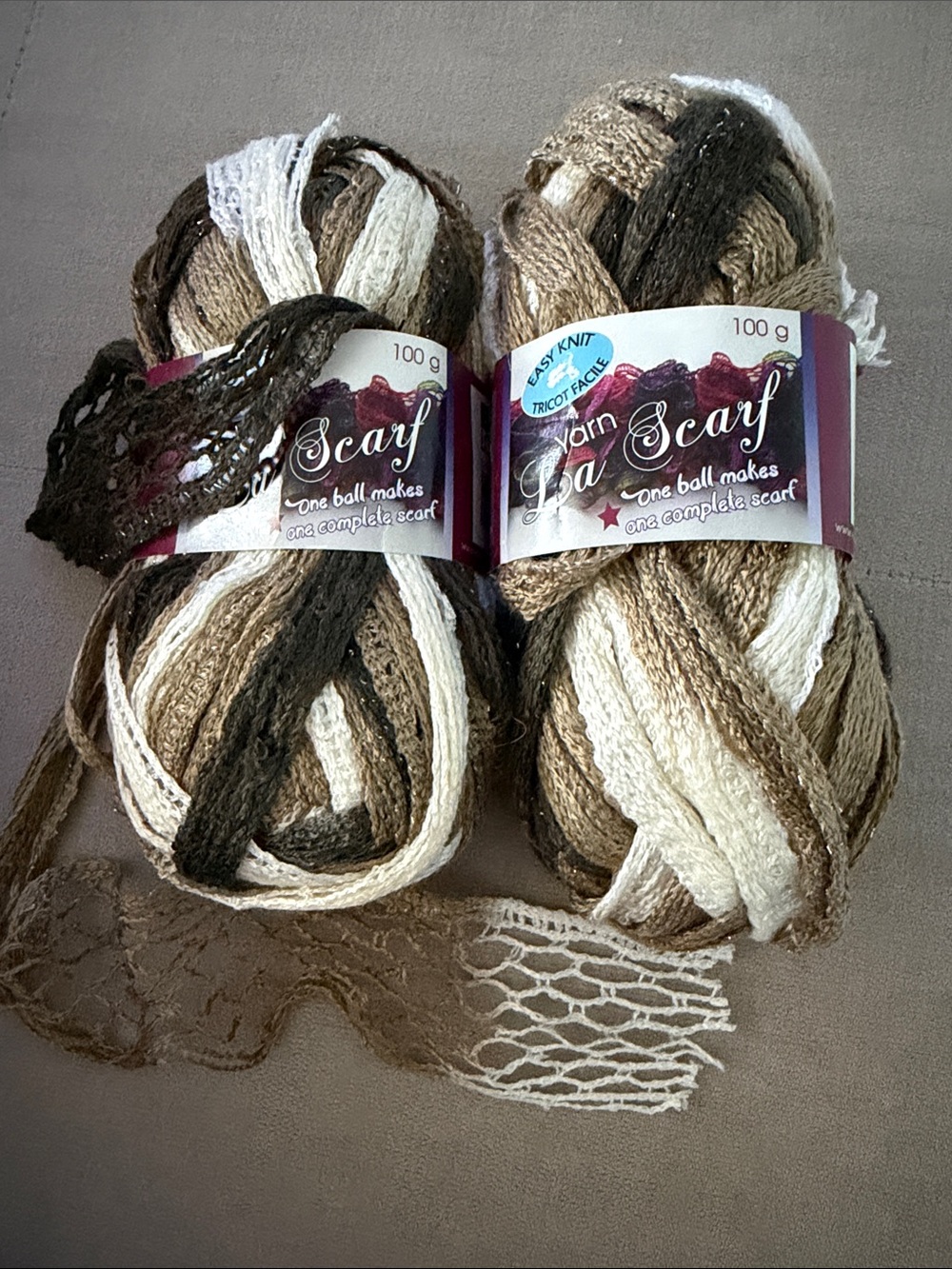 NWT La Scarf Ruffle Yarn in Ivory Brown Earthy Mix (Set of 2 - Same Dye Lot #)